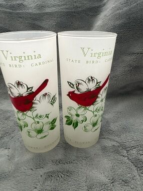 Mid-Century Frosted Tom Collins Glasses in Virginia Red Cardinal & Dogwood Motif
